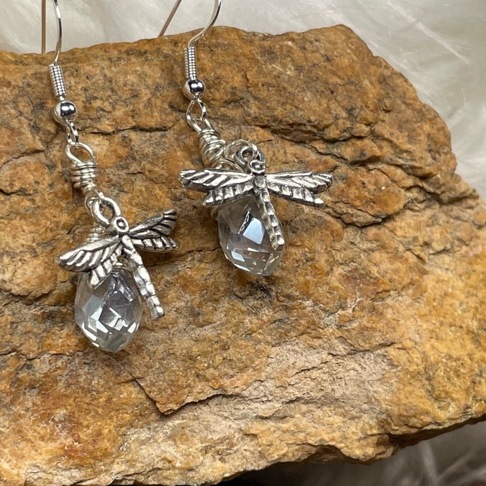 Handmade Silver Sparkling 
Crystal Dragonfly 
Earrings Boho Cottagecore - Picture 9 of 17